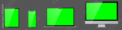 Set of realistic monitor, laptop, tablet, phone on a transparent background with green chroma key screen.  Realistic frame only. Vector Stock illustration.