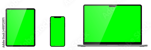  Isolated Stock illustration.App demonstration mockup. Set of realistic tablet, laptop, phone on a transparent background with green chroma key screen.