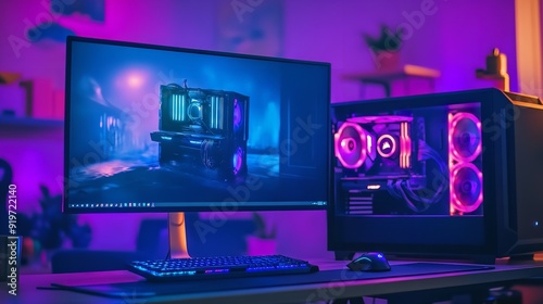 Modern Gaming Computer Setup with Display Water Cooling photo