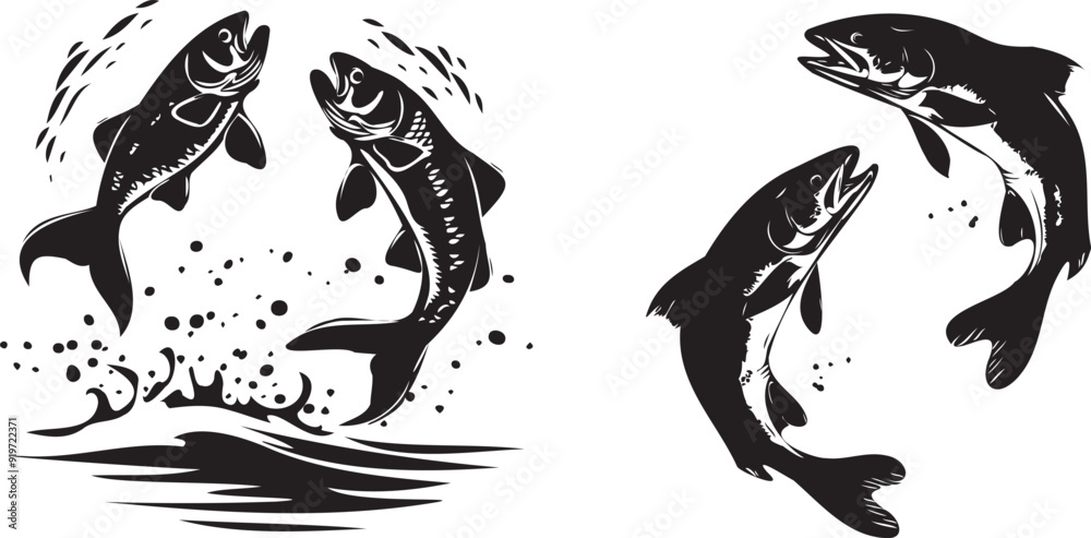 Silhouette of fish jumping white background Silhouette of fish jumping white background