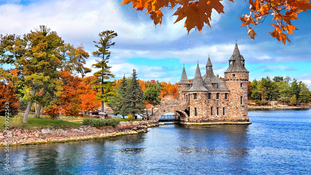 Castle on Heart Island during fall with autumn colors, Thousand Islands, New York state, USA Castle on Heart Island during fall with autumn colors, Thousand Islands, New York state, USA