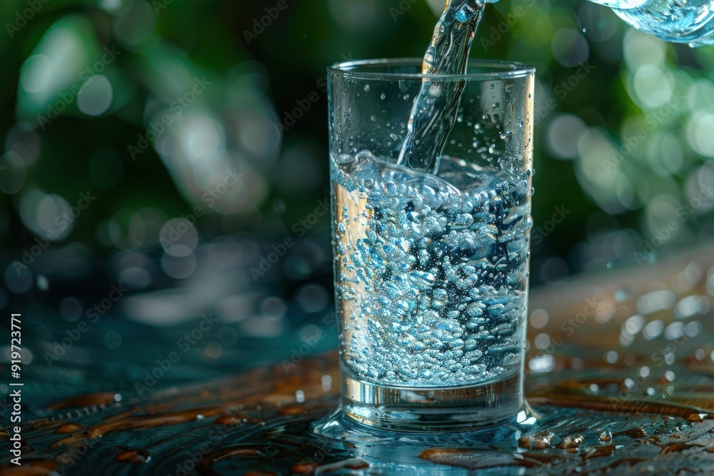 Water being poured into a glass on a wooden table against a green bokeh background. Water being poured into a glass on a wooden table against a green bokeh background.