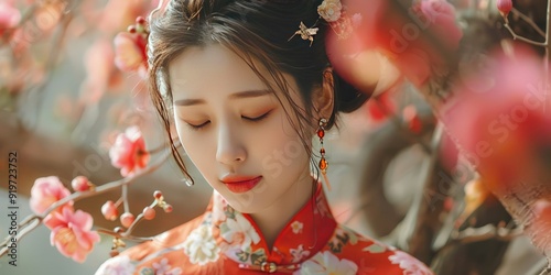 portrait of Chinese young beautiful woman wearing traditional floral handful