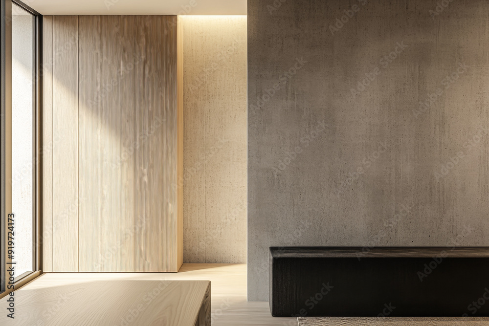 Fototapeta premium Minimalist living room interior design composition in neutral tones with minimal furniture and natural lighting. Luxury apartment conceptual image.