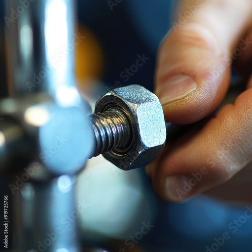 A close-up of a hand tightening a metallic nut onto a bolt, showcasing precision and craftsmanship in mechanical work.