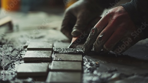 A close-up of a skilled artisan applying mortar between tiles, showcasing craftsmanship and attention to detail.