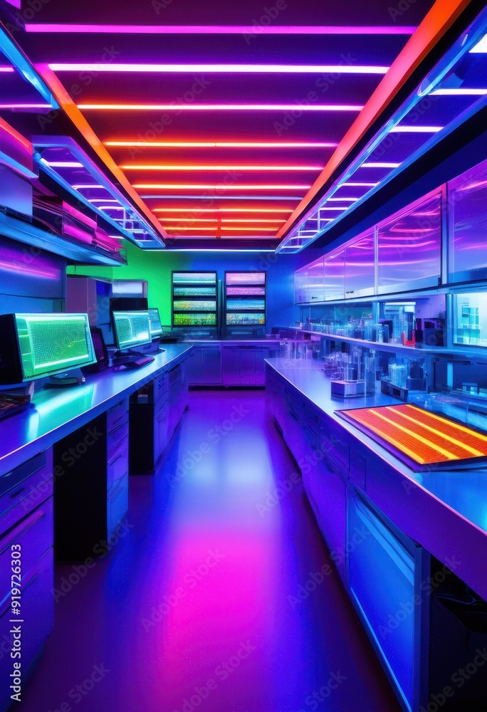 advanced laboratory equipment illuminated striking neon lights modern scientific environment, lighting, vibrant, design, technology, tools, glass