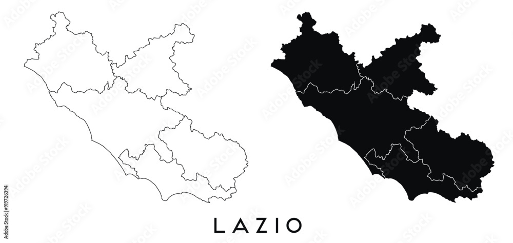 Obraz premium Lazio map of regions districts vector black on white and outline
