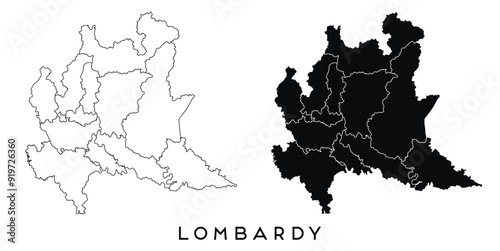 Lombardy map of regions districts vector black on white and outline