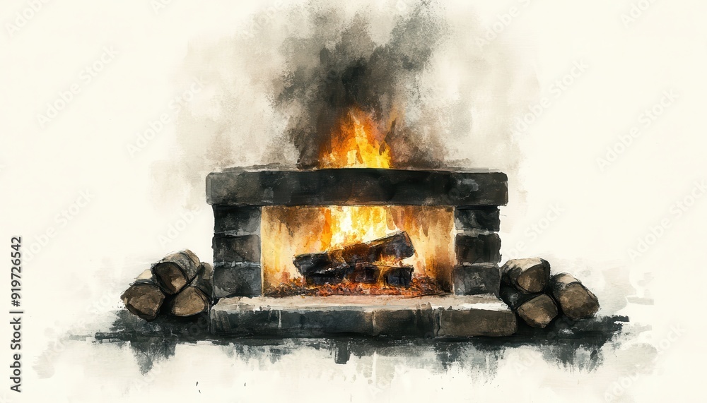 A cozy fireplace with a warm, inviting fire, surrounded by neatly stacked logs and soft smoke, perfect for a serene atmosphere.