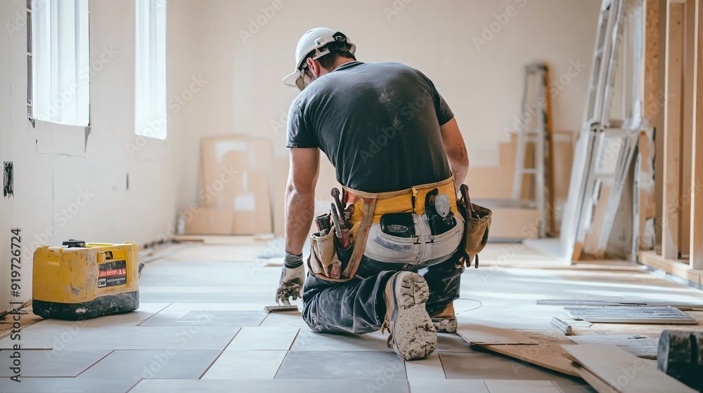 A construction worker installing tile flooring in a new home