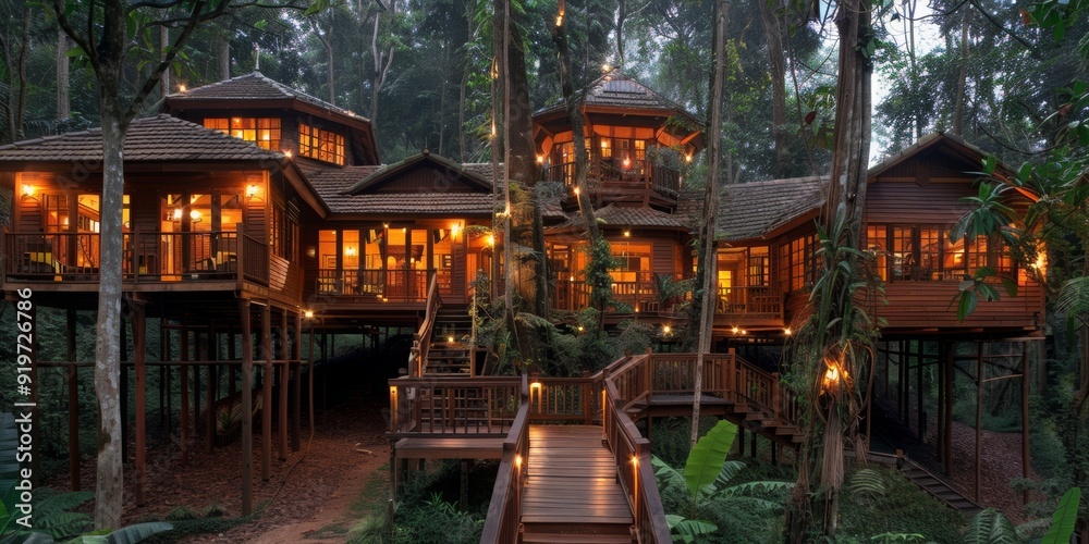 cluster of interconnected treehouse lodges warmly lit at dusk, nestled among tall trees in lush tropical forest, blending harmoniously with nature, eco-tourism and sustainable living cluster of interconnected treehouse lodges warmly lit at dusk, nestled among tall trees in lush tropical forest, blending harmoniously with nature, eco-tourism and sustainable living