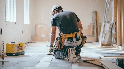 Obraz na płótnie A construction worker installing tile flooring in a new home w salonie