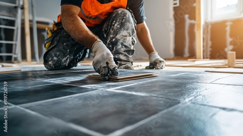 A construction worker installing tile flooring in a new home