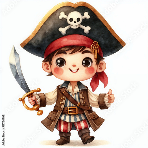 Cute cartoon watercolor pirate  on white background. AI