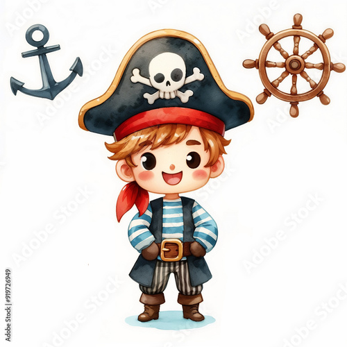 Cute cartoon watercolor pirate  on white background. AI