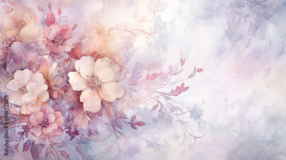 Fototapeta premium Soft, pastel floral background. The flowers and leaves are artistically stylized, resembling a watercolor effect. Dreamy aesthetic.