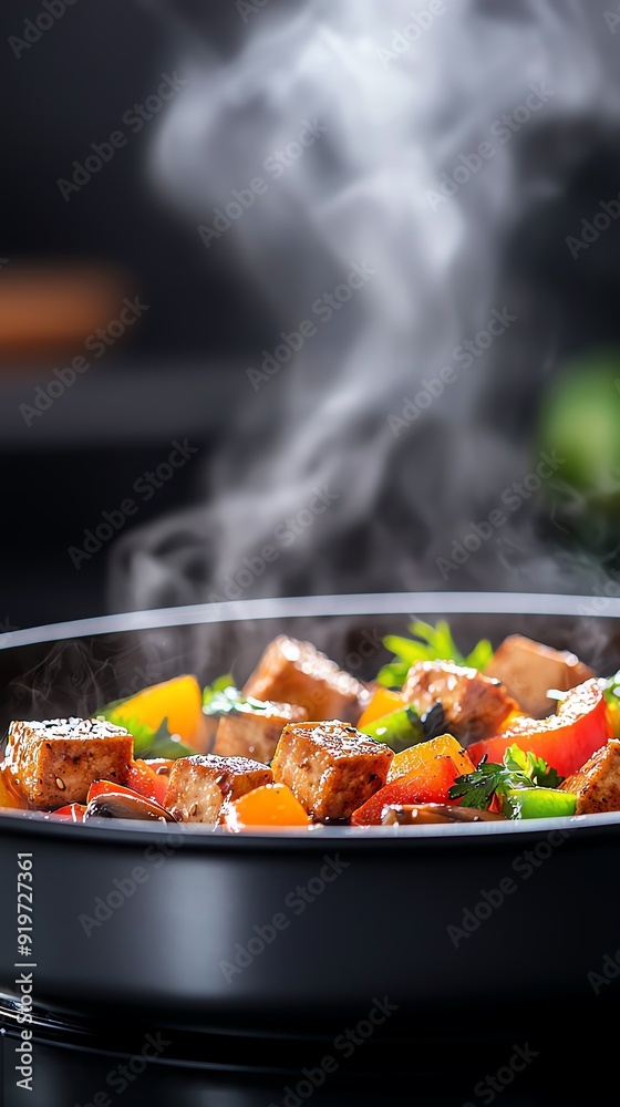 A closeup of a stirfry with tofu, bell peppers, and mushrooms in a spicy black bean sauce, the dish steaming hot on a black background A closeup of a stirfry with tofu, bell peppers, and mushrooms in a spicy black bean sauce, the dish steaming hot on a black background