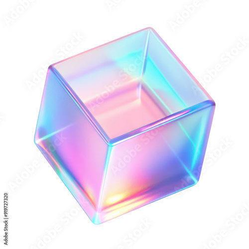 3D transparent cube with an iridescent surface, reflecting light in vibrant holographic colors and featuring a smooth geometric design. Isolated on transparent background, png. photo