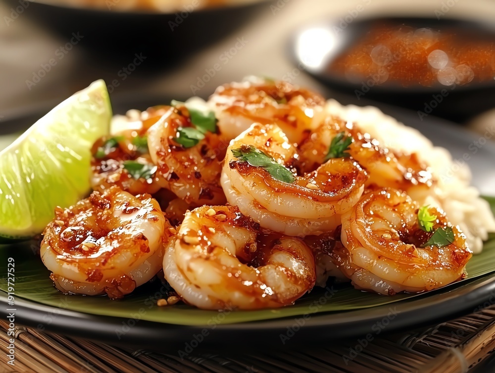 A closeup of stirfried prawns with tamarind sauce, served on a banana leaflined plate with a side of jasmine rice, garnished with fresh coriander and a wedge of lime A closeup of stirfried prawns with tamarind sauce, served on a banana leaflined plate with a side of jasmine rice, garnished with fresh coriander and a wedge of lime