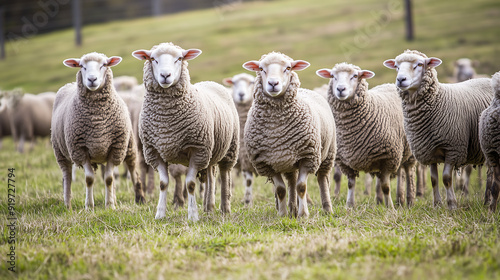 flock of merino sheep standing in the grass with a New Zealand farm background in the wide shot