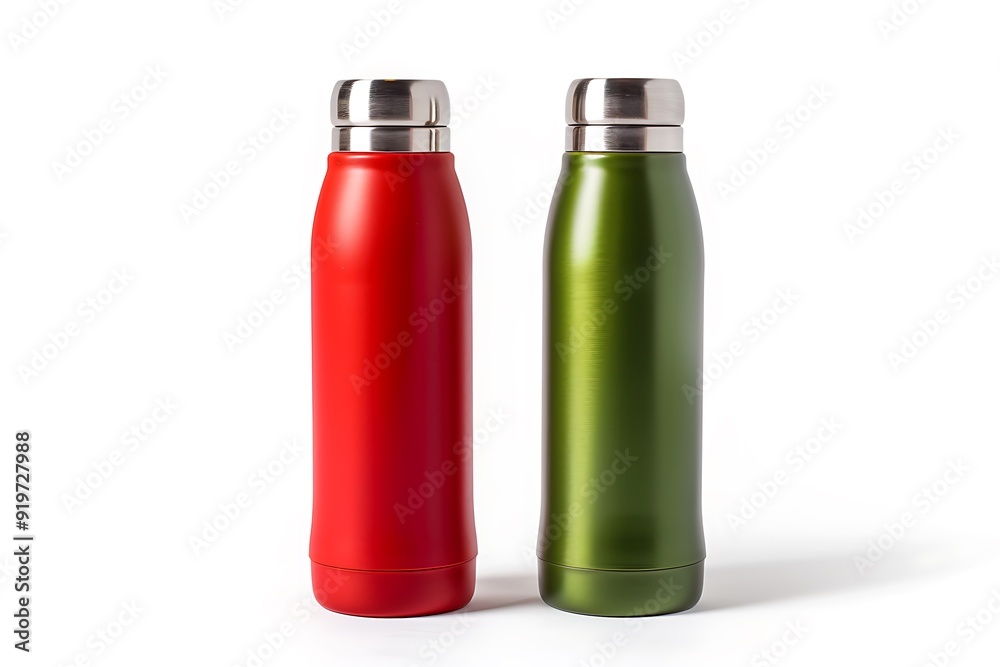 Red and green stainless steel thermos water flask. Coffee or tea reusable bottle container Red and green stainless steel thermos water flask. Coffee or tea reusable bottle container