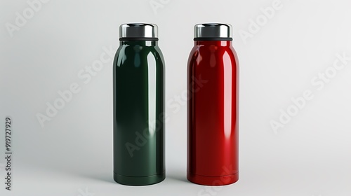 Red and green stainless steel thermos water flask. Coffee or tea reusable bottle container