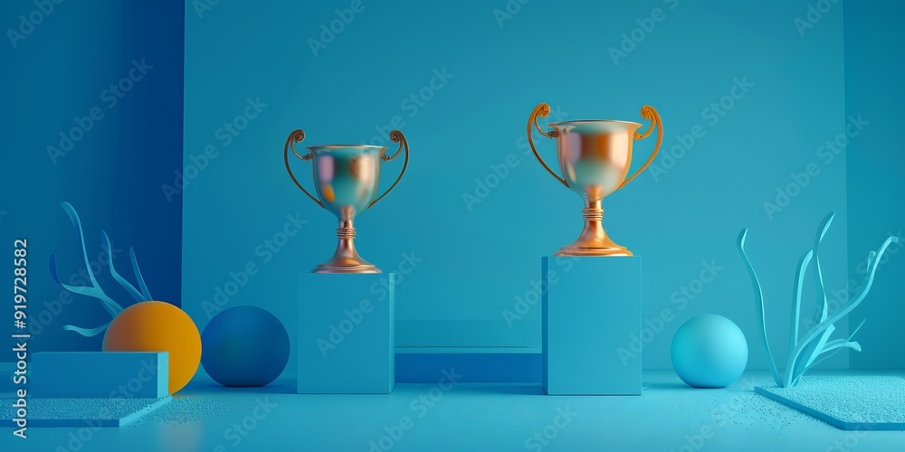 The art of 3D abstract trophy cups on a blue background symbolizes competition success, first place, best win, and celebration ceremony symbols. The art of 3D abstract trophy cups on a blue background symbolizes competition success, first place, best win, and celebration ceremony symbols.