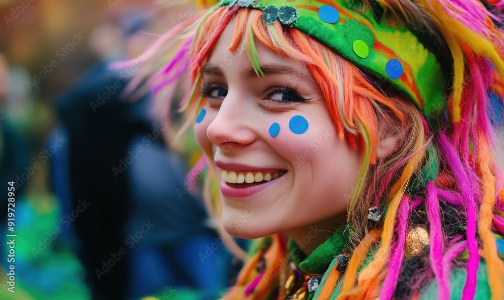 Gros plan d'une femme souriante, âgée de 25 ans, avec un costume et les cheveux colorés lors d'un festival de rue. Gros plan d'une femme souriante, âgée de 25 ans, avec un costume et les cheveux colorés lors d'un festival de rue.