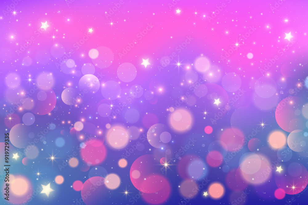 Purple background with bokeh and sparkles. Magic pink dreamy starry sky. Cute fantasy vector texture with glitter. Holographic fairy blurred wallpaper