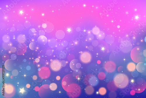 Purple background with bokeh and sparkles. Magic pink dreamy starry sky. Cute fantasy vector texture with glitter. Holographic fairy blurred wallpaper