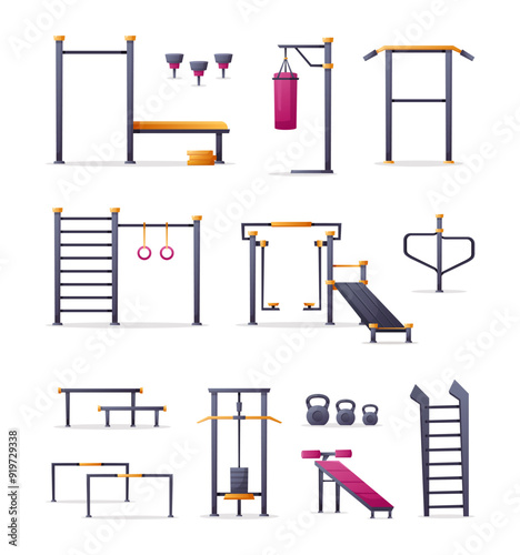 Street workout equipment. Vector set of fitness and gym street objects for school, garden, training in park, exercising, sport playground. Health and fitness athletic lifestyle. Outdoor elements 