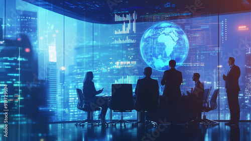 Digital twin technology concept with business people in a conference room and a digital earth globel