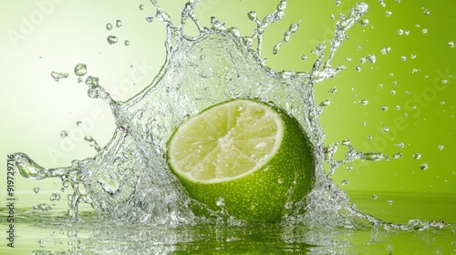 Lime splashing into water with green background.