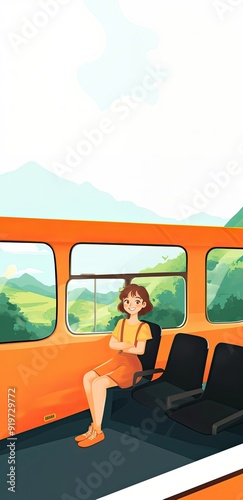 Flat Style Illustration of a Smiling Girl with Short Brown Hair in a Yellow T-Shirt Sitting on a Train