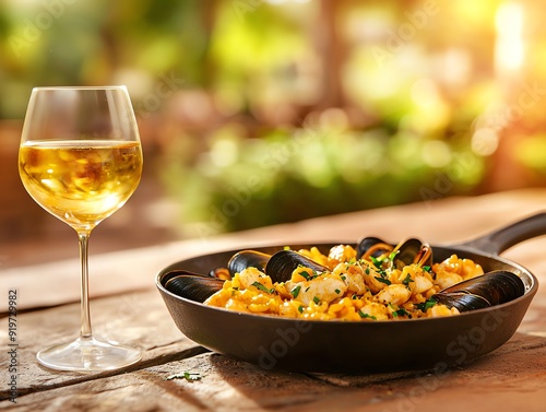 A vibrant seafood stirfry with monkfish, mussels, and clams, cooked with saffron and white wine, garnished with fresh herbs, set in an outdoor Spanish courtyard photo