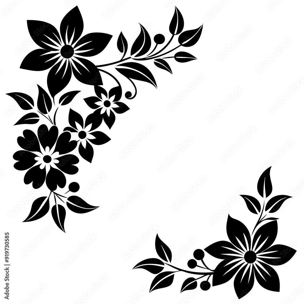 A black elegant floral design with intricate details decorates the corners A black elegant floral design with intricate details decorates the corners