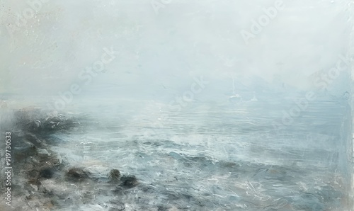 Rocky shore, misty water with marina on horizon - pastel minimal