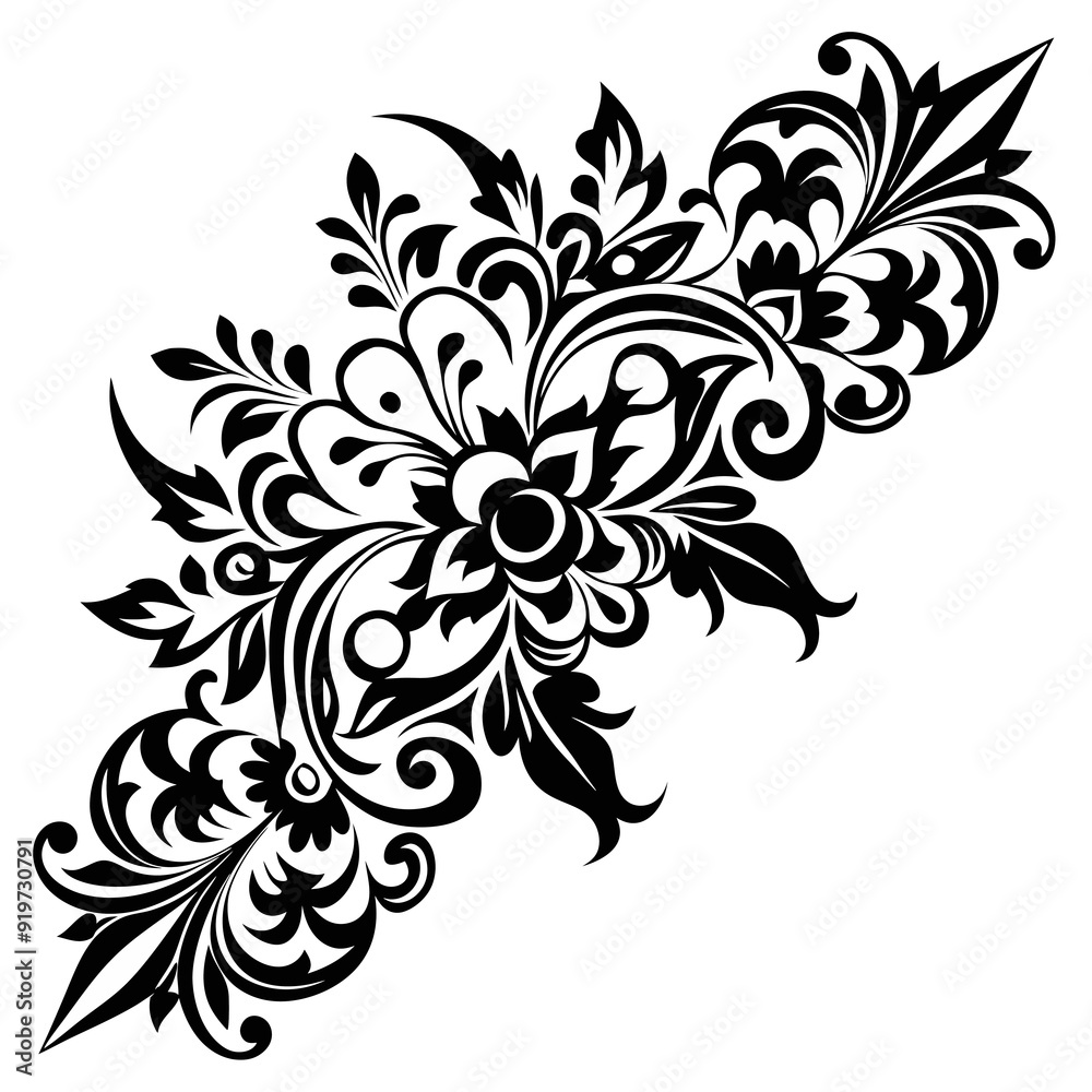 A black elegant floral design with intricate details decorates the corners A black elegant floral design with intricate details decorates the corners