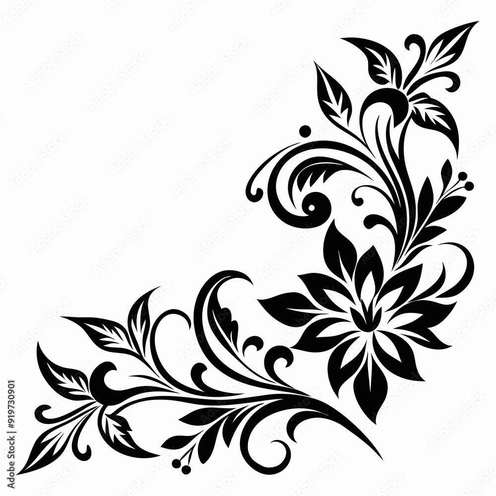 A black elegant floral design with intricate details decorates the corners A black elegant floral design with intricate details decorates the corners