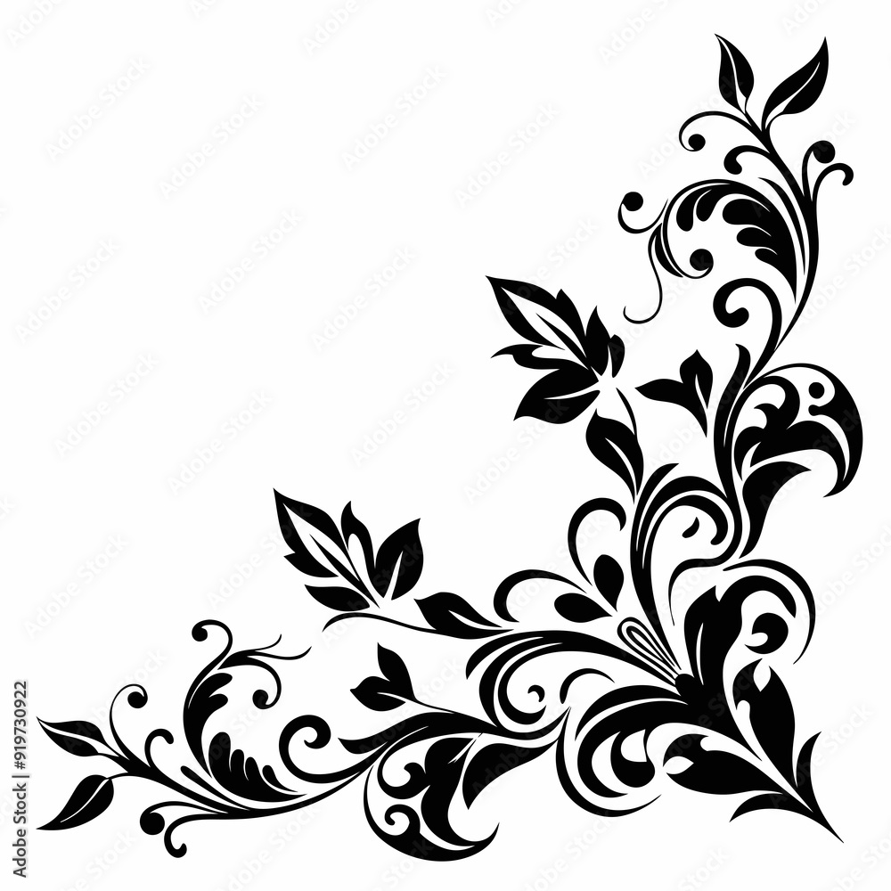 A black elegant floral design with intricate details decorates the corners A black elegant floral design with intricate details decorates the corners