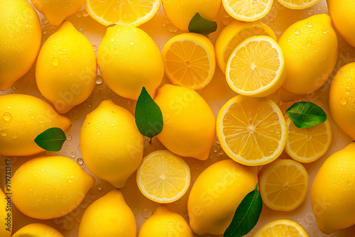 background of fresh yellow lemons with green leaves in full frame