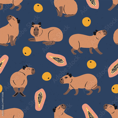 Seamless pattern with funny capybaras and fruits. Cute South American animal repeat background. Cartoon jungle rodent print.
