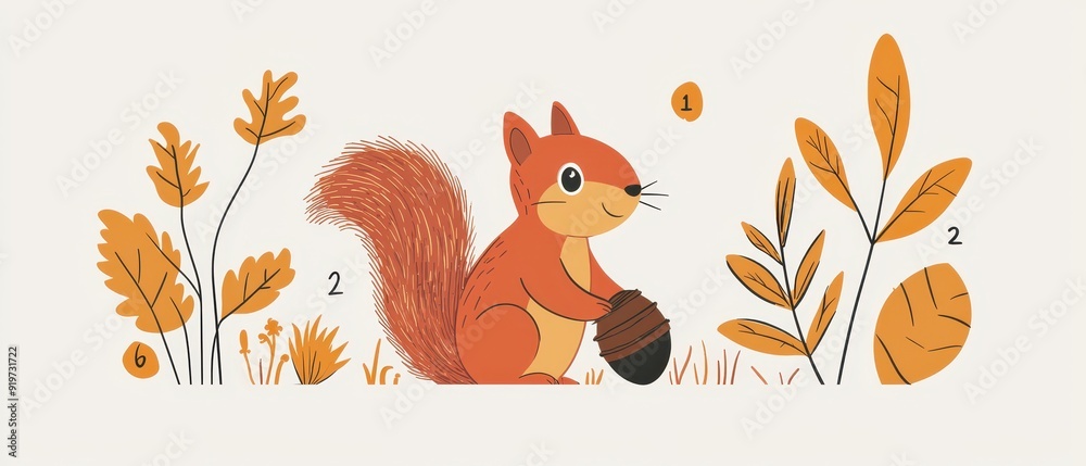 A flat design illustration of a squirrel gathering acorns for winter, with educational elements like numbers or letters A flat design illustration of a squirrel gathering acorns for winter, with educational elements like numbers or letters