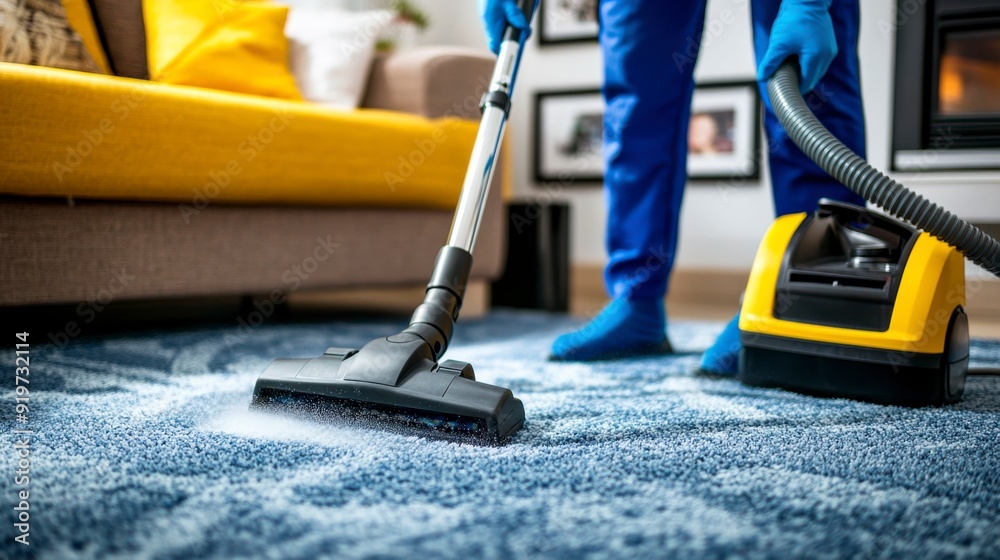 A happy young man with headphones cleans the house with a vacuum cleaner. The room is bright, with modern decor. A happy young man with headphones cleans the house with a vacuum cleaner. The room is bright, with modern decor.