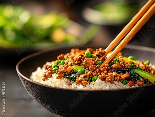 Ginger and garlicinfused turkey stirfry with bok choy, shiitake mushrooms, and snap peas, served in a deep ceramic bowl with a side of jasmine rice photo