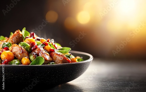 Hearty stirfry of duck confit, Brussels sprouts, and chestnuts, tossed in a honey and balsamic glaze, served in a deep ceramic dish with a garnish of fresh pomegranate seeds