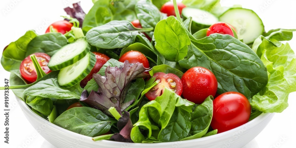 Spinach leaves, cherry tomatoes, lettuce, cucumbers, and other vegetables can be found in a salad bowl with a white background