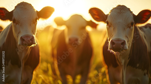 Cows in the field, a close up of cows facing forward and standing side by side, golden sunlight shining on them, photo