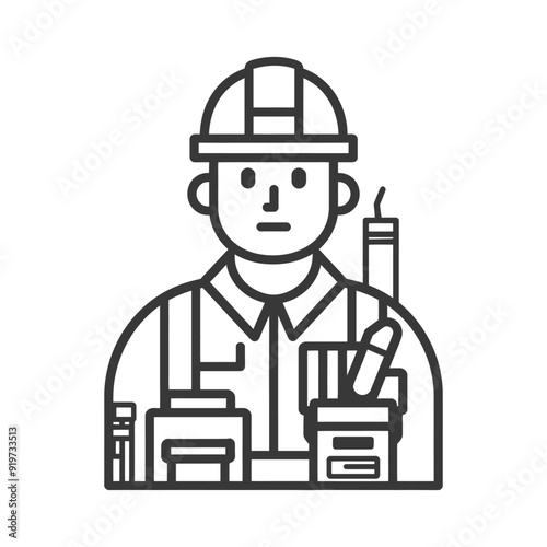Line art illustration of a construction worker with tools
